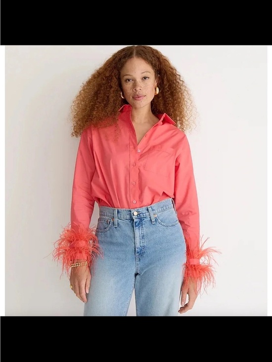 J. Crew Tops - J.Crew Collection Feather Trim Poplin Button Up Shirt Coral Pink US 4 NWOT